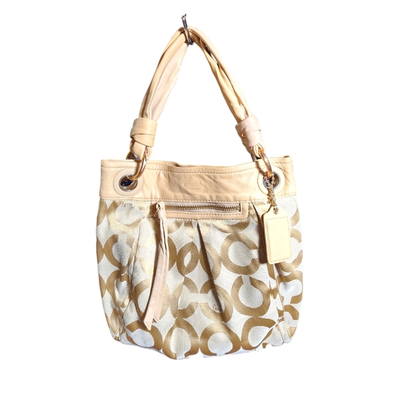 Coach Handbags - Vintage COACH 13420 Op Art Signature Beige Canvas & Leather Shoulder Bag 12"X12"